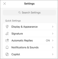 Shows the Settings on a mobile device, with "Copilot" listed under "Quick Settings."