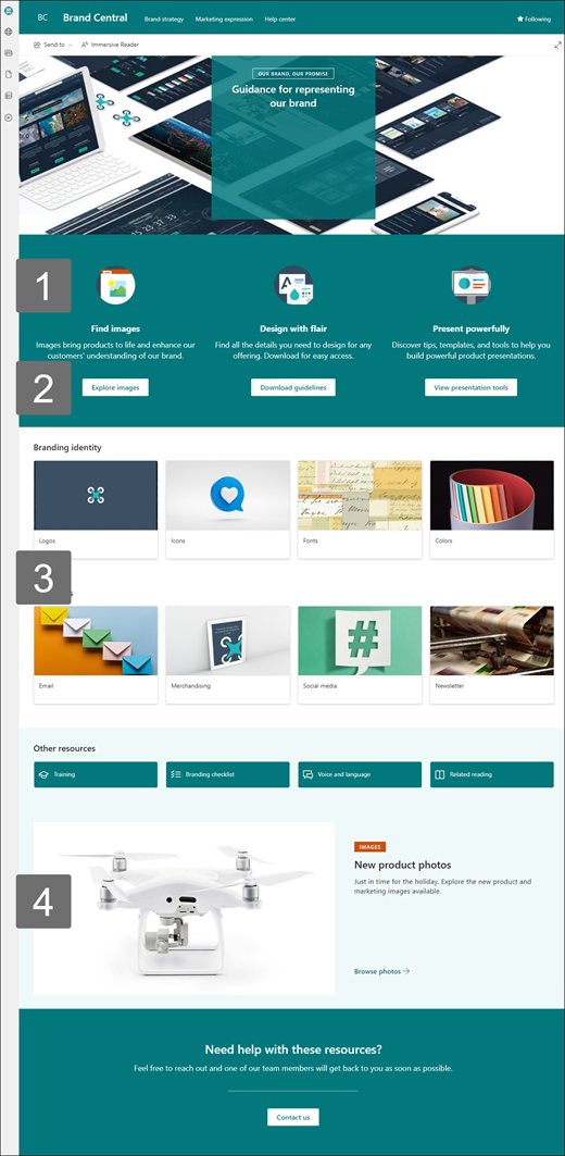 Preview of the Brand Central site template highlighting available web parts.