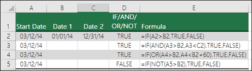 Examples of using IF with AND, OR and NOT to evaluate dates