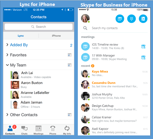 Side-by-side screen shots of Lync and Skype for Business