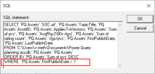 SQL view of MS Query emphasizing the WHERE clause