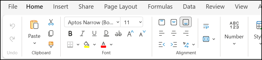 Home, Insert, Data, View tabs in Excel for the web