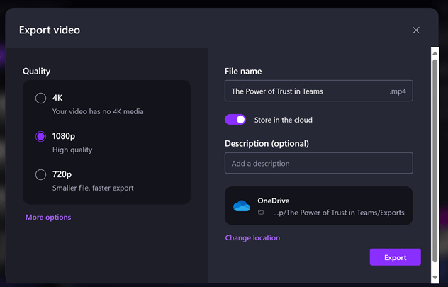Select a resolution and storage location for your video