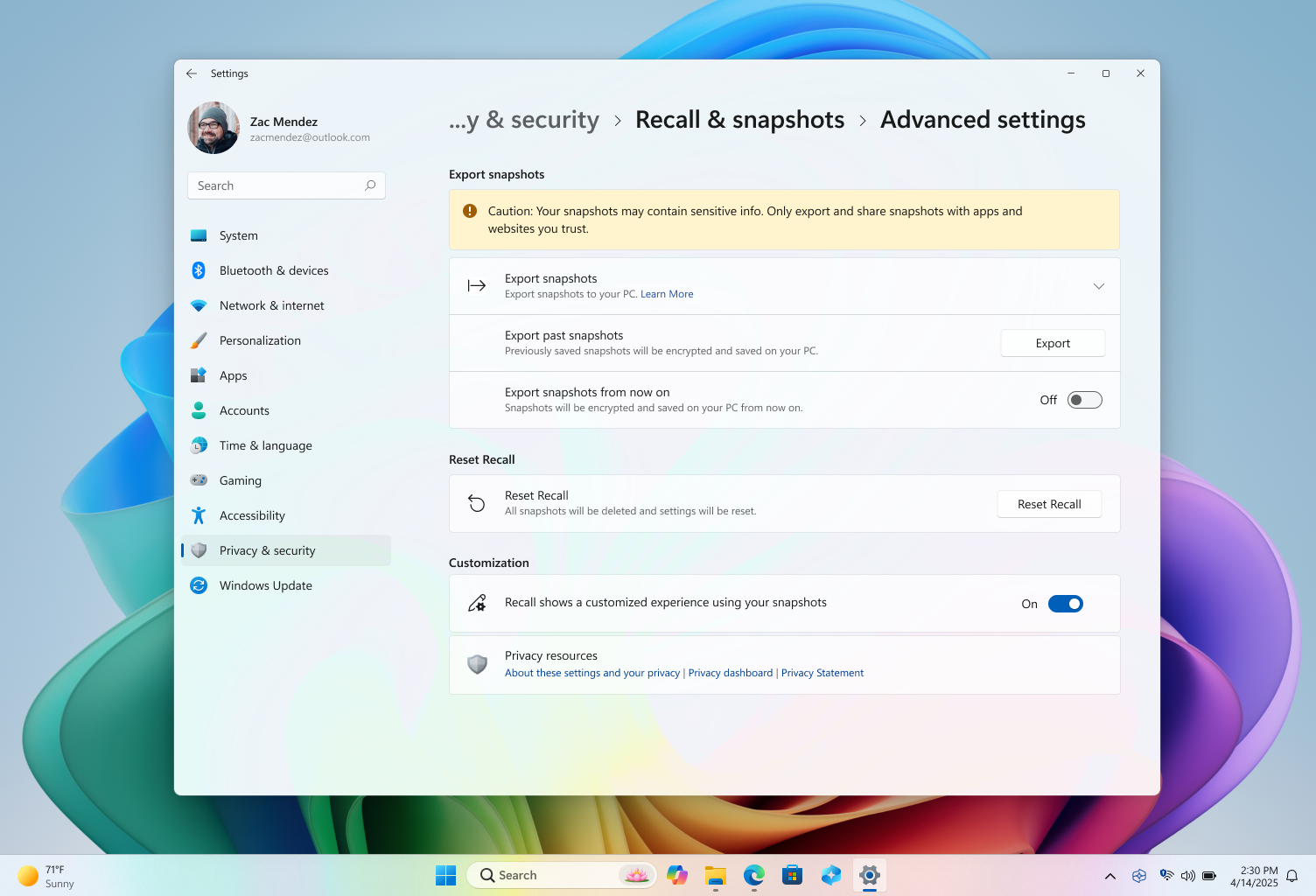 Screenshot of advanced settings for Recall