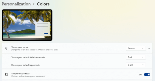 Transparency option in Windows 11