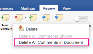 On the Review tab, Delete All Comments in Document is highlighted
