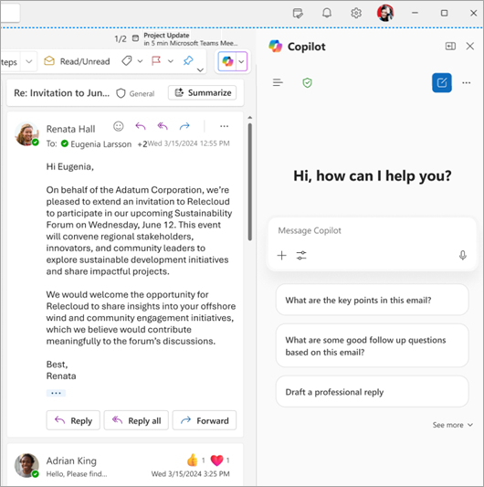 The Copilot chat pane in Outlook