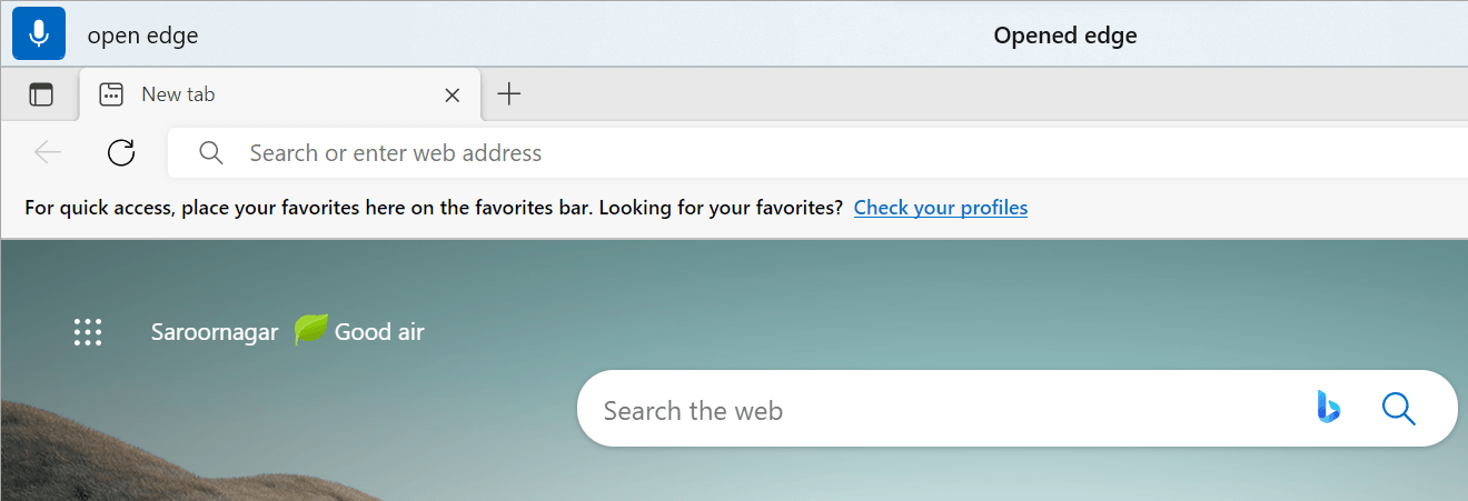 The voice access UI is in listening state, with "open edge" as the real-time feedback and “opened edge” as command execution feedback.