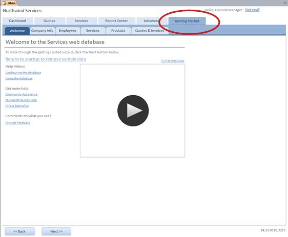 Getting Started tab of the Services Web Database template