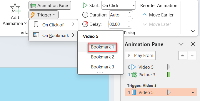 Where to set a trigger for an animation; in this case, when a bookmark on a video is reached.