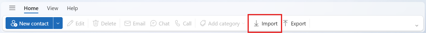 New Outlook's ribbon showing the option to import contacts