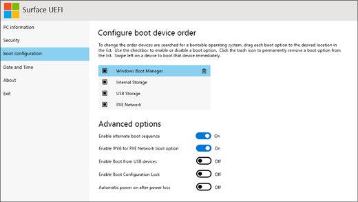 The configure boot device order screen in Surface UEFI