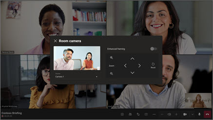 A screenshow showing a meeting image grid and the Room camera adjustment tool.