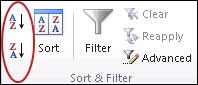 Sort buttons in the Sort & Filter group on the Data tab in Excel