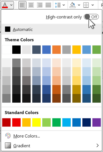 A screenshot shows the location of the High contrast only toggle button.